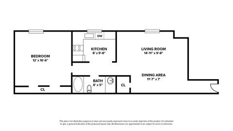 Floor plan for 1 bed, 1 bath, 700 sqft